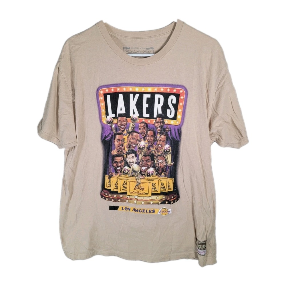 Mitchell & Ness LA Lakers Shirt Mens XL Tan Showtime Caricature Magic Kareem NBA